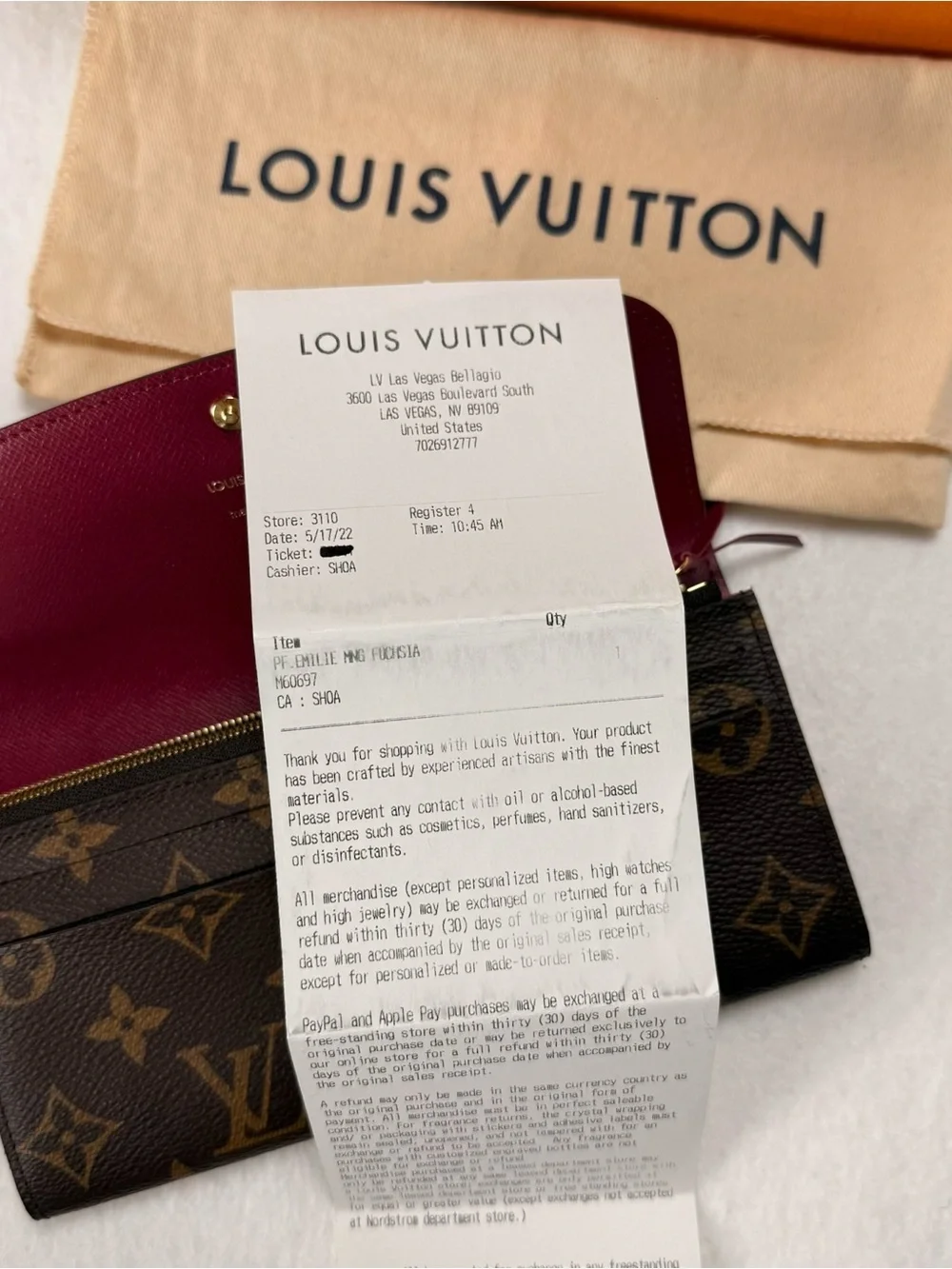 Louis Vuitton Emilie Wallet M60697 Monogram Fuchsia Full Set Receipt
